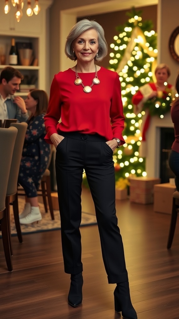 A stylish woman over 50 in a classy Christmas outfit with black trousers and a red blouse at a festive party.